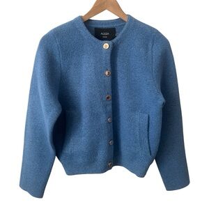 Aleeza Paris Slate Blue Bouclé Cropped Cardigan Jacket Gold Buttons Medium NWT